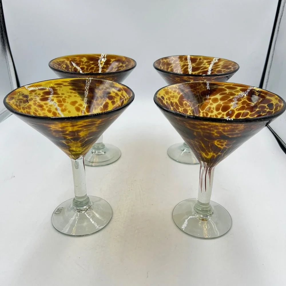 Set of 4 Mexican Mouth Blown Amber Tortoise Martini Cocktail Glasses Hand Blown